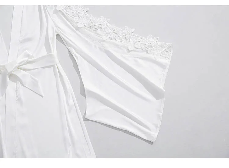 CINOON 3Pcs Women Sexy Silk Nightgown Embroidery Lace Bath Gown Nightdress Summer Sleepwear Wedding Night Dress Robe With Belt
