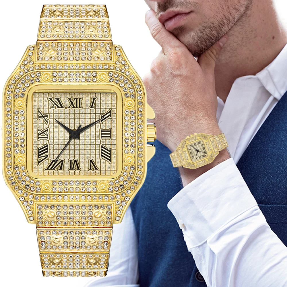 Men's Wristwatch Fashion Full drill square Black stainless steel Strap Quartz Watch Man Sports Clock Montre Homme Drop Shipping