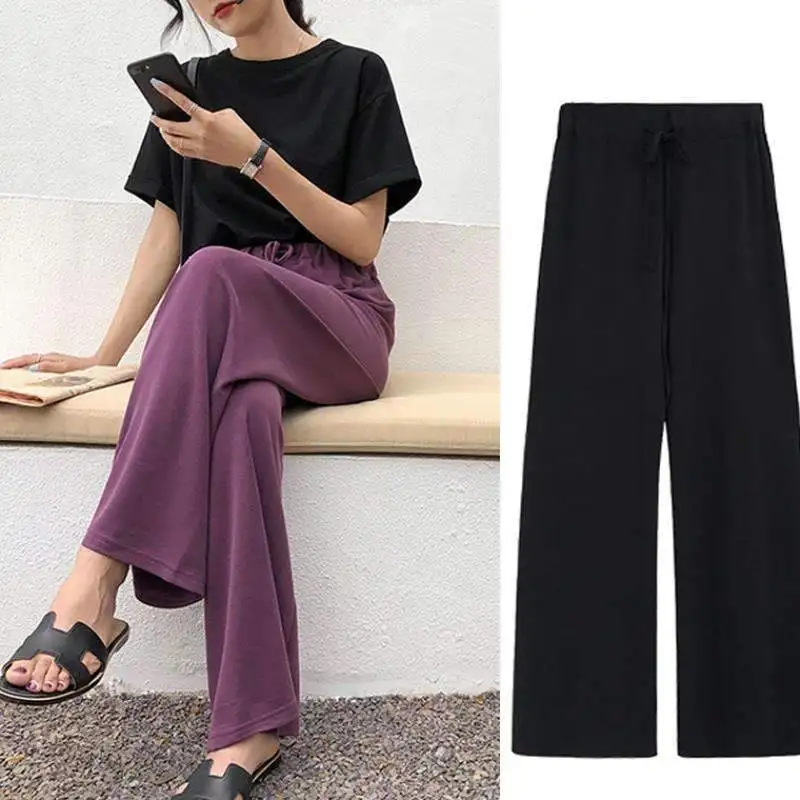 2020 Spring Summer Fashion Female Solid Elastic Waist Loose Wide Leg Pants Women Straight Pants Casual Trousers Plus Size S-5XL 2020 Spring Summer Fashion Female Solid Elastic Waist Loose Wide Leg Pants Women Straight Pants Casual Trousers Plus Size S-5XL