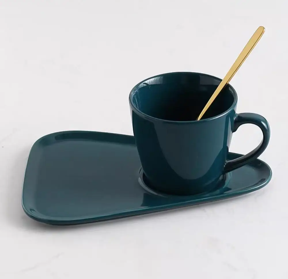 bright green set A Скандинавская керамическая кофейная чашка с ложкой и блюдцем, набор креативных европейских роскошных чашек для завтрака, закусок, послеобеденного чая, набор посуды с поддоном - Цвет: bright green set A