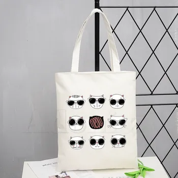 

Cartoon Black Graffiti Cute Cat Face Tote Bag Unisex Canvas Bags Shopping Bags Printed Casual Shoulder Bag Foldable
