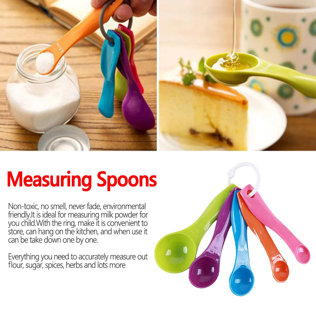 Delidge 5pcs/set Measuring Spoons Colorful Plastic(1 / 2.5 / 5 / 7.5/ 15ml) Measure Spoon Super Useful Sugar Cake Baking Spoon