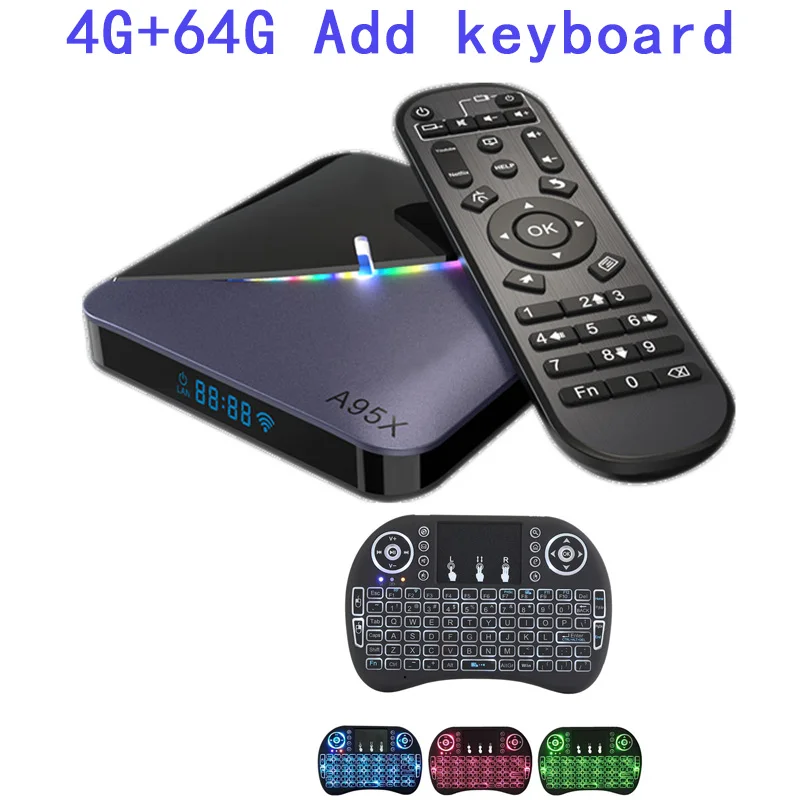 RGB светильник ТВ приставка Android 9,0 A95X F3 4 Гб 64 ГБ 32 ГБ Amlogic S905X3 2,4/5G Wifi BT ТВ приставка YouTube 8k 2G16G smart медиаплеер - Цвет: 4G 64G Add keyboard