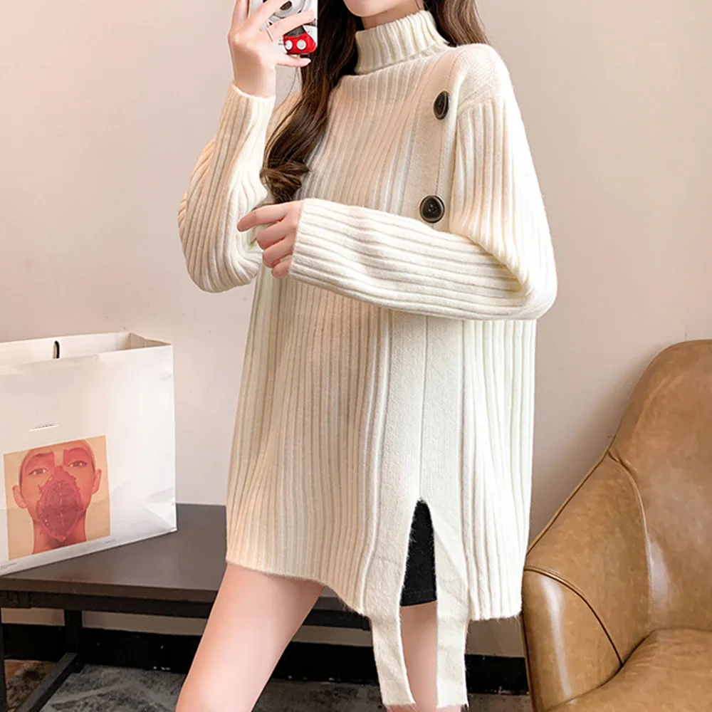 

Korean Version Japanese Sweater Autumn Winter Lazy Fashion Loose Split Button Irregular Long Sleeve Knitting Turtleneck Sweater