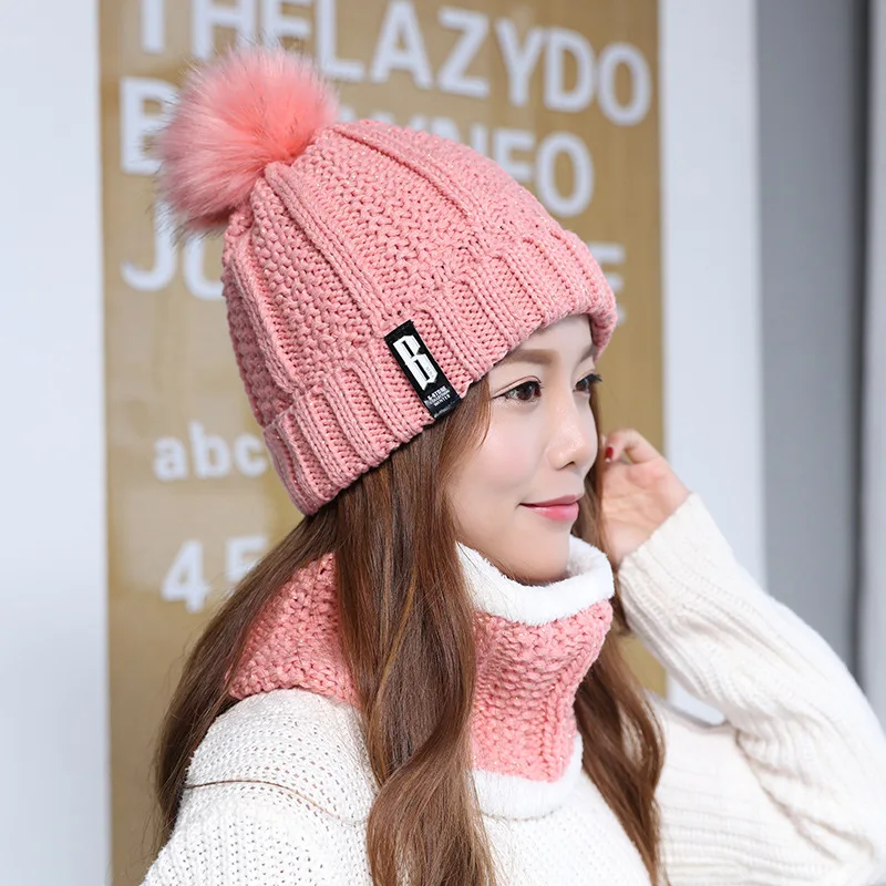 Теплая зимняя вязаная шапка skullies beanies, женская брендовая Высококачественная зимняя женская Лыжная шерстяная меховая шапка с помпонами, вязаный шарф