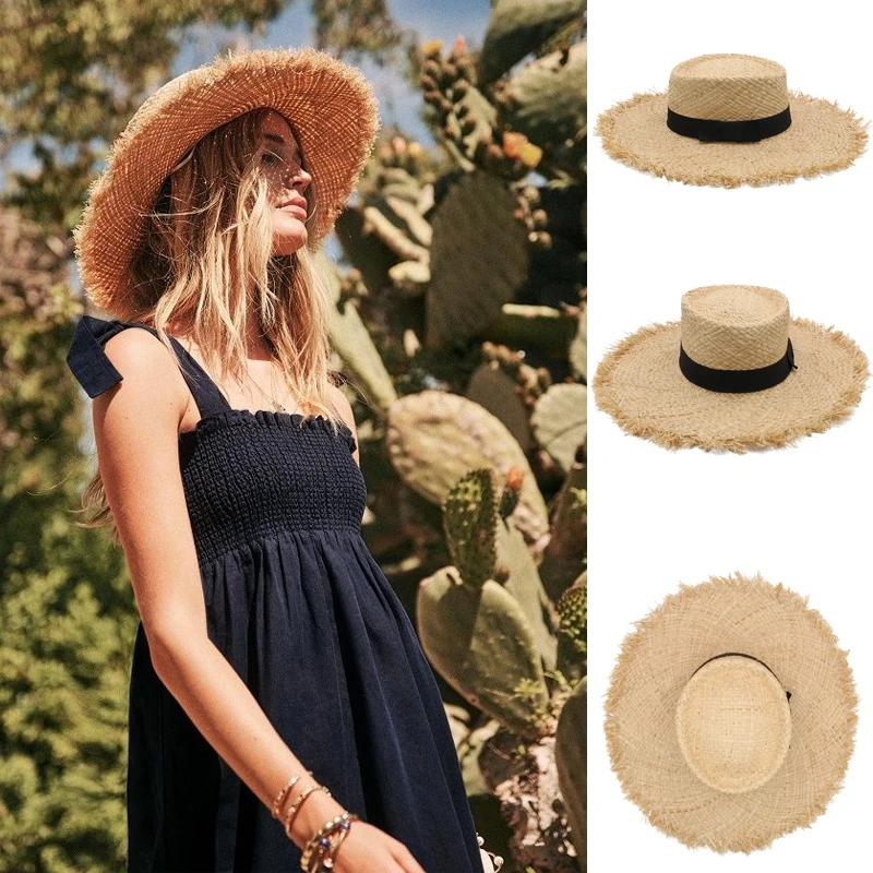 

Women Soft Straw Floppy Hats Pork Pie Top Summer Wide Brim Sunhat Beach Caps Travel Outdoor Size US 7 1/8 UK M