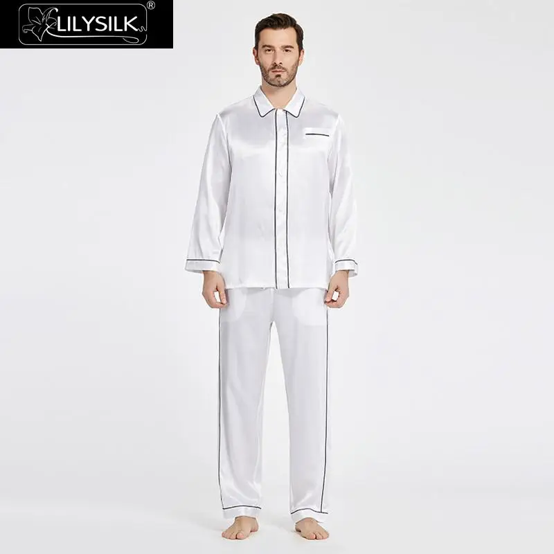 

LilySilk Pajamas Set For Men Silk Pure 100 22 momme Luxury Full Length Long Contrast Trim Clothing Free Shipping Clearance Sale