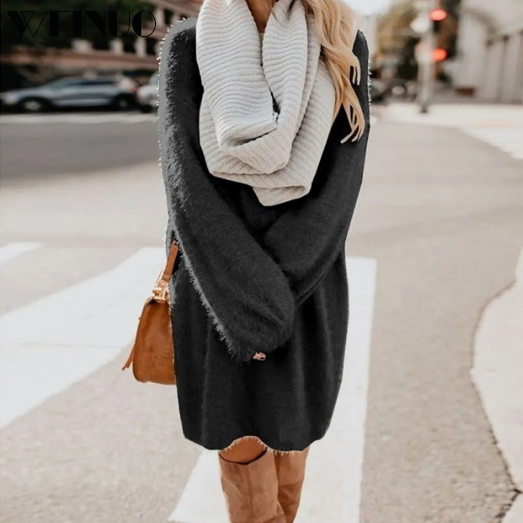 

Dress Women Dress Winter 2019Top Hot Women Winter Sweater Knit Turtleneck Warm Long Sleeve Pocket Mini Sweater Dress Robe Femme
