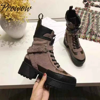 

Prowow Genuine Leather Metal Studded Gladiator Lace Up Thick Heel Ankle Boots Sexy Platform Boots Zapatos Mujer