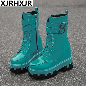 

Punk Boots Women Patent Leather Platform Chunky Sneakers Autumn 10CM Wedge Heels Mid-Calf Boots Winter Warm Motorcycle Boot