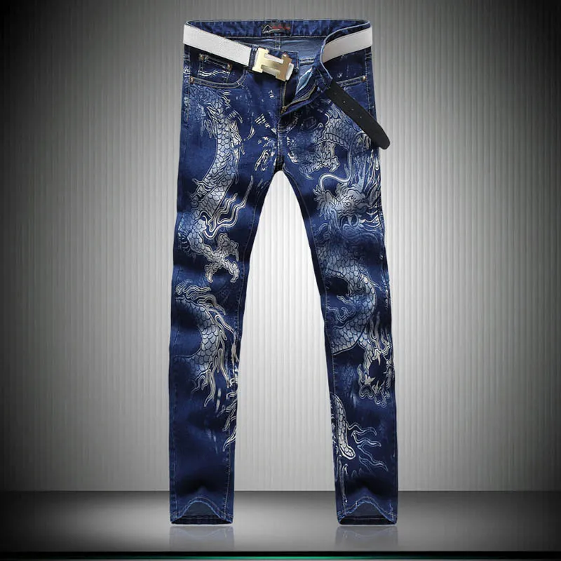 KIOVNO Men Fashion Printed Jeans Pants Dragon Painted Slim Fit Denim Trousers For Male Size 28-38 Blue Color | Мужская одежда