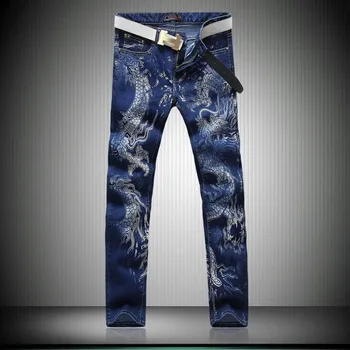

KIOVNO Men Fashion Printed Jeans Pants Dragon Painted Slim Fit Denim Trousers For Male Size 28-38 Blue Color