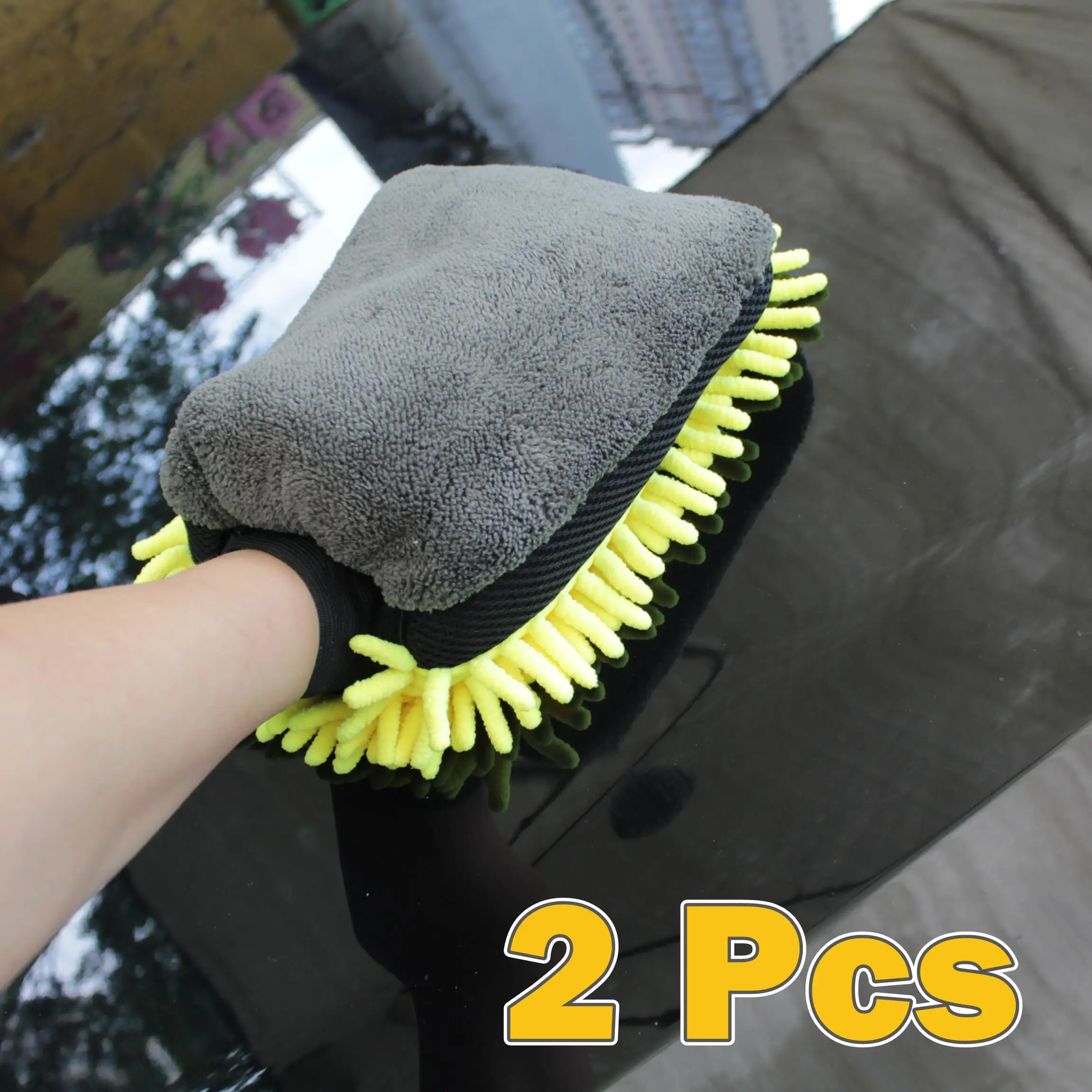 2 Pcs Waterproof Car Wash Glove Chenille Microfiber Multifunction 4 In