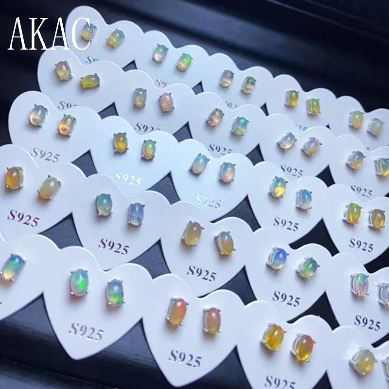 Женские серьги пусеты с опалом AKAC Разноцветные натуральным радужным огнем