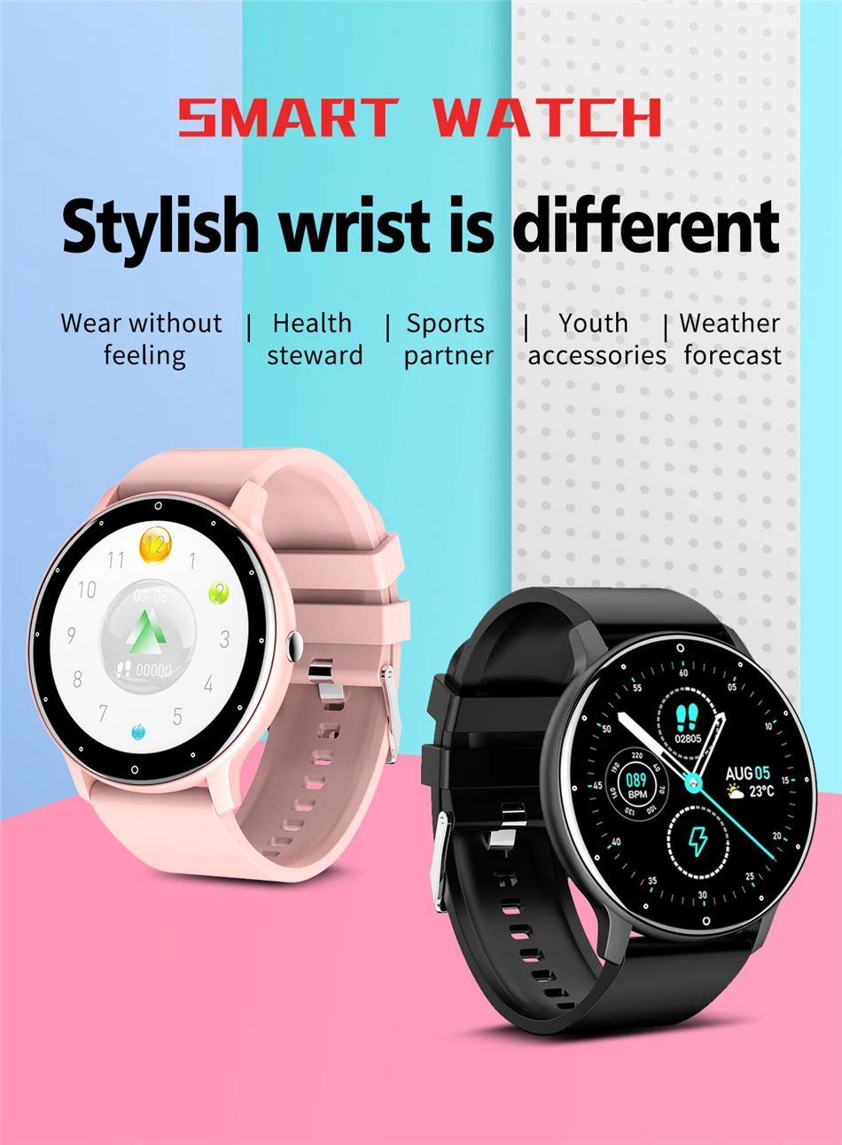 Men Women Smart Watch Full Touch Screen Watches Sport Fitness Tracker IP67 Waterproof Bluetooth Weather Forecast Smartwatch 2021