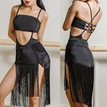 

Latin Dance Dress Black Sexy Backless Bodysuit Fringe Skirt Tango Salsa Cha Cha Samba Rumba Carnival Costumes Women DNV11860