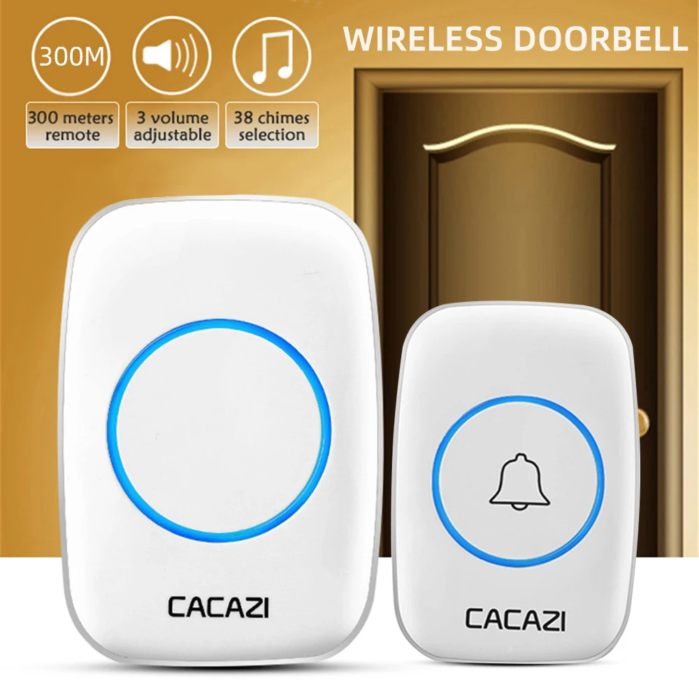 

Remote Wireless Doorbell Kit Waterproof Push Button Door Bell with 38 Songs Chimes 300M Range LED Light UK Plug For Home Office