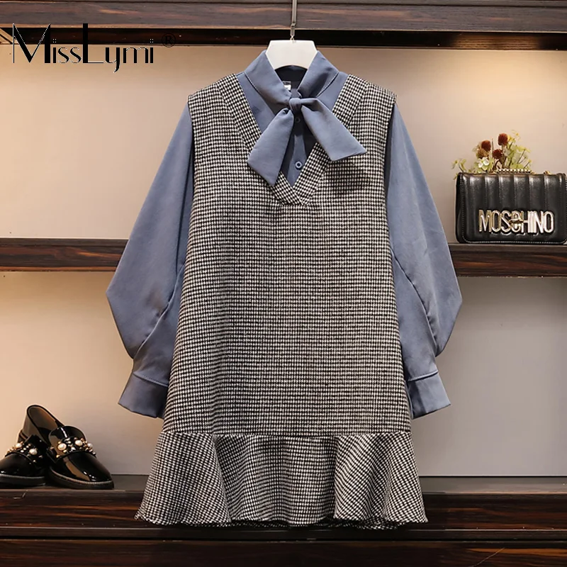 

XL-4XL Plus Size Women Two Piece Dress Autumn 2019 Vintage Long Sleeve Shirts and Loose Casual Plaid Ruffle Cute Vest Dresses