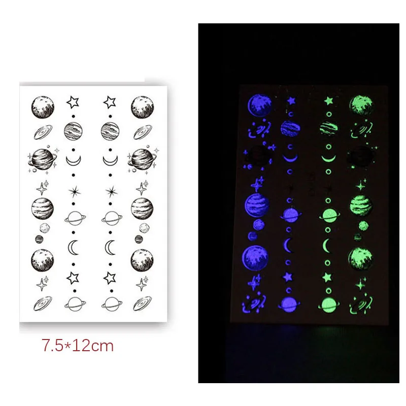 Luminous Tattoo Stickers Ins Star Moon Planet Saturn Water Transfer Waterproof Temporary Tatto Body Art for Men Women Kids