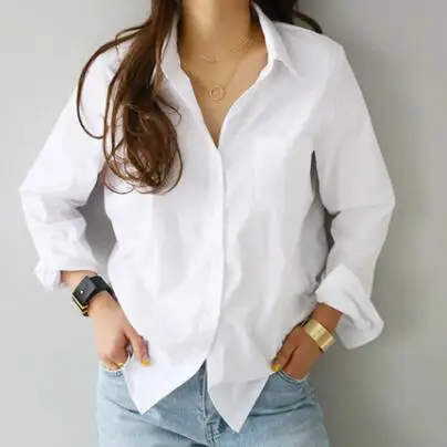Весна 2020 женская рубашка с одним карманом блузка Топ длинным рукавом белая