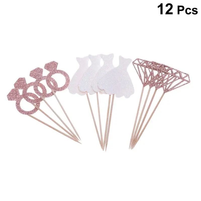 12pcs Cake Toppers Glitter Paper Skirts Diamonds Rings Shaped Cupcake Topper Set Fruit Picks Dessert Table Decorative