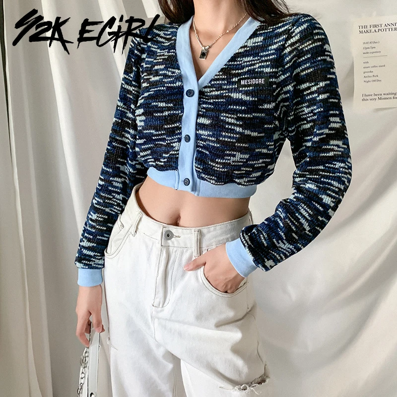 

Y2K EGIRL Vintage Single-breasted Patchwork Knitted Sweaters Y2K Fashion V-neck Long Sleeve Cropped Cardigans Casual Autumn Tops