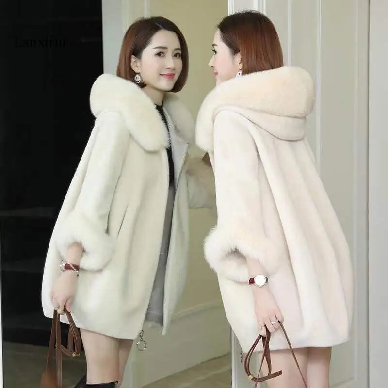 

Lanxirui New Winter Clothing Imitate Fur Coat Female Mid-length Imitate Fox Fur Collar Hooded Imitate Sheep Shearing Women Coat