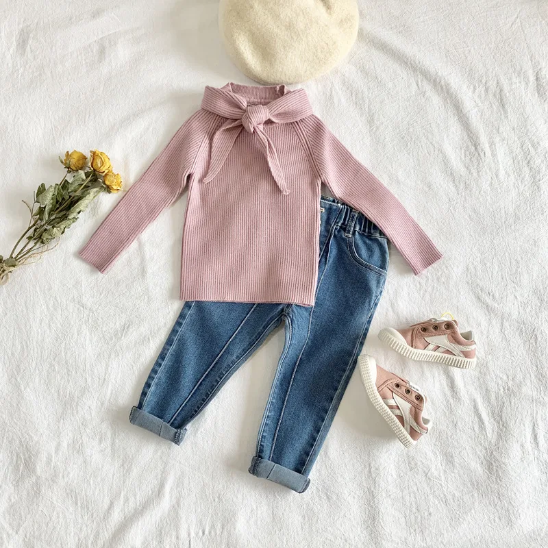 

Virgilkids2019 Autumn And Winter New Style Girls Core-Spun Yarn Sunken Stripe Sweater Tied Scarf Sweater