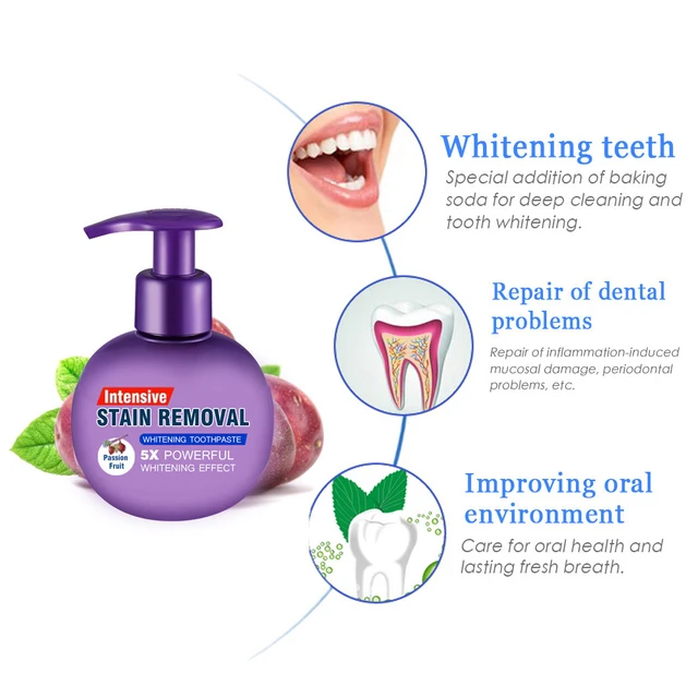 Stain Removal Soda Toothpaste Whitening Teeth Oral Hygiene Dental Care Passion Fruit Blueberry Gums Press Type