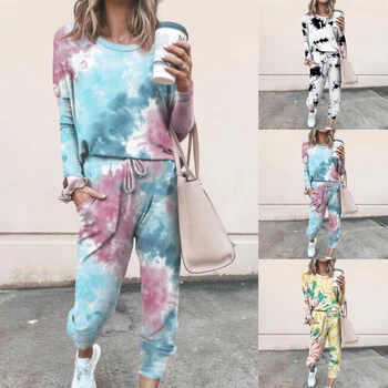 

Women Tie-Dyed Tracksuits Two Pieces Set Mask Short Sleeve O Neck Top Long Pants 2 Pieces Set Ladies Sports Suit Outdoor Wear