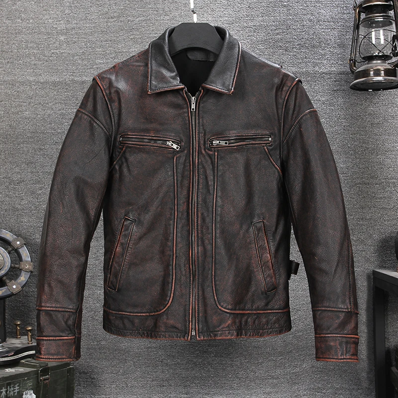 

2020 Vintage Brown Men Casual Leather Jacket Plus Size XXXXXL Genuine Cowhide Russian Autumn Slim Fit Natural Leather Coat