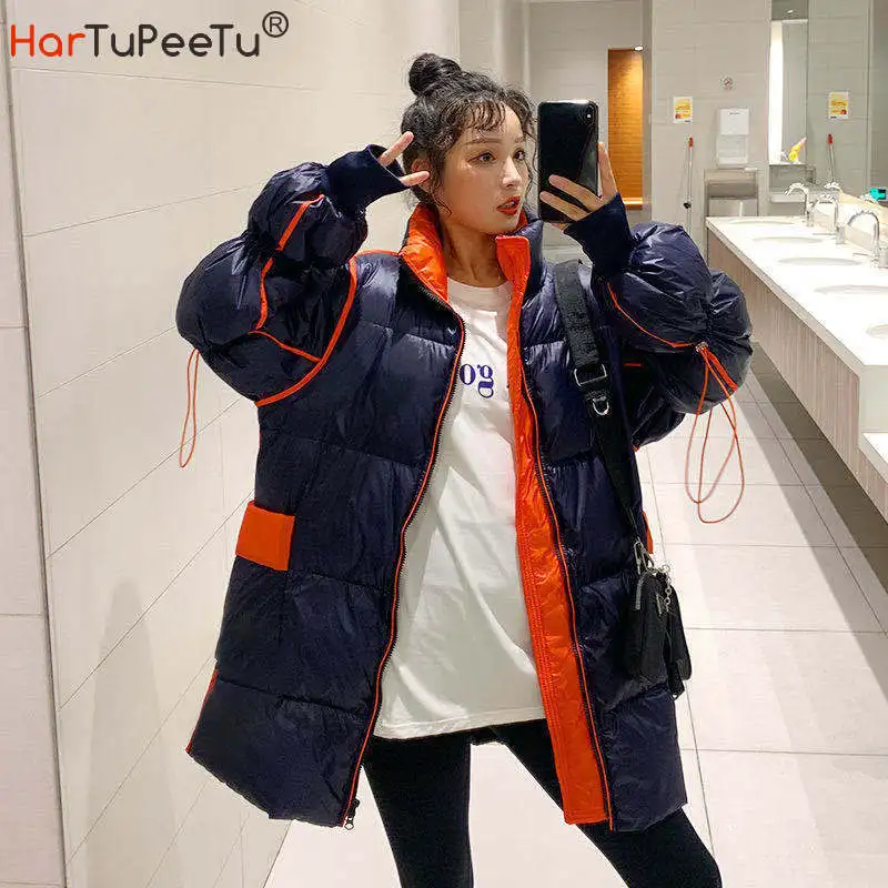 

2020 Winter Girls Jacket White Duck Down Padded Coat Glossy Korean Plus Size Loose Drawstring Long Sleeve Stand Neck Outwear
