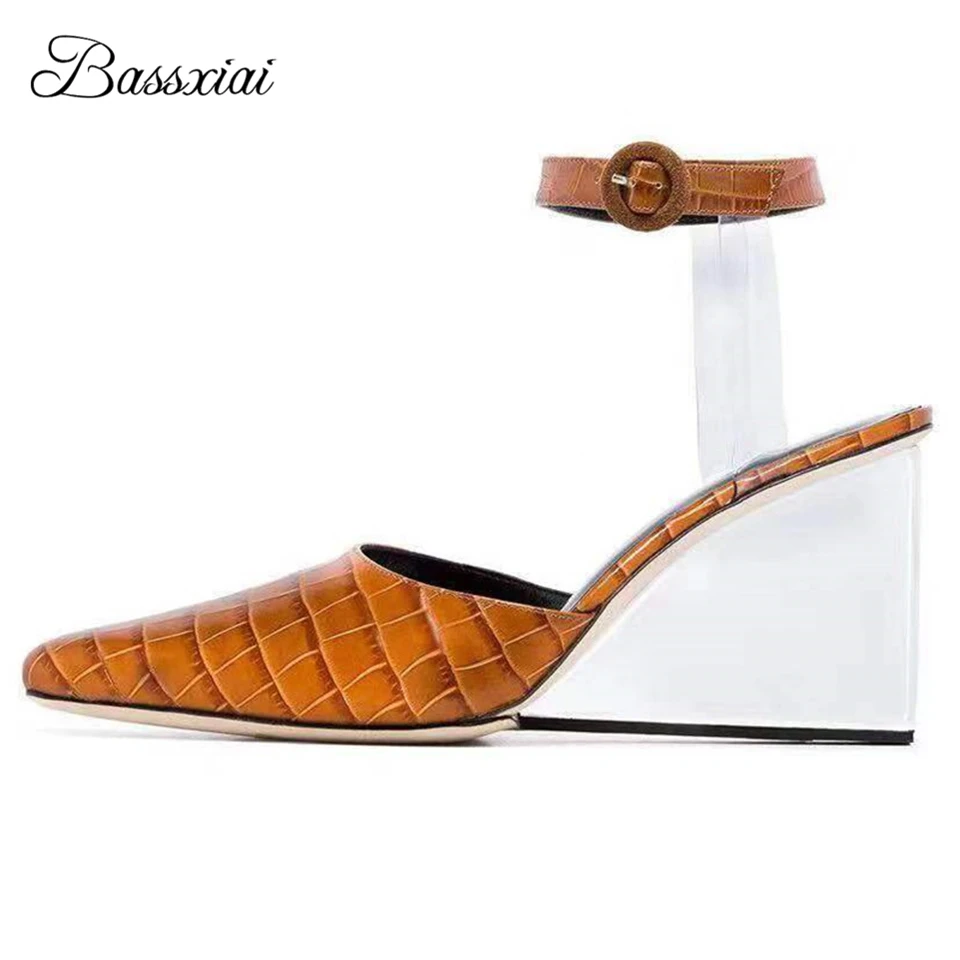 

Clear Crystal High Wedges Sandals Women Summer Pointed Toe Ankle Strap PVC Transparent Real Leather Party Shoes Woman