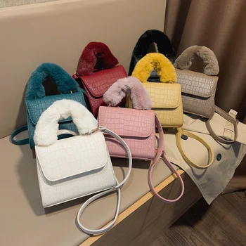 

Fashion Alligator PU Leather Crossbody Handbag Totes Women Plush Top Handle Casual Solid Color Shoulder Purse Female Travel Tote