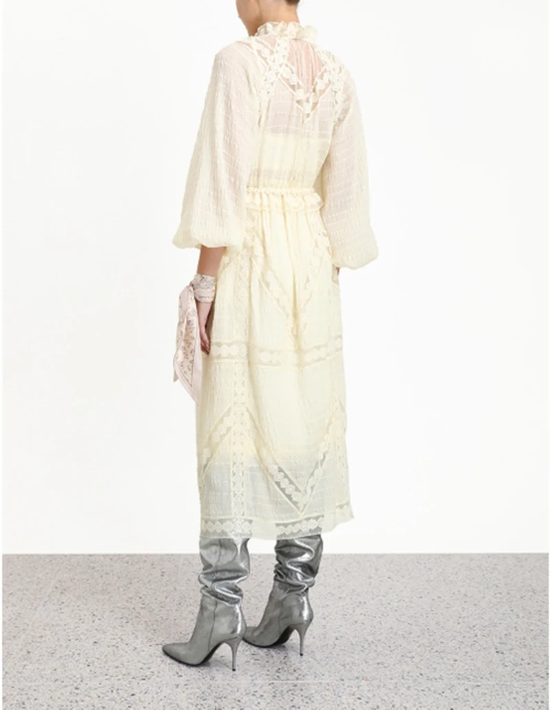 [MENKAY]Hige Neck Lace Pleated Fairy Dress Women Solid Color Sweet Party Solid High Waist Midi Dress