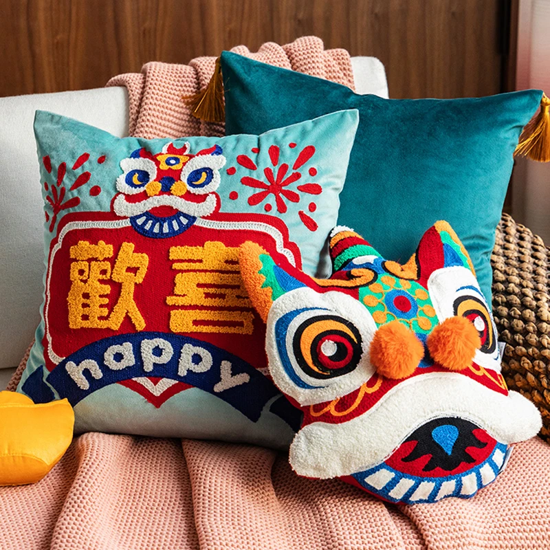 

Festival Chinese Traditional Dance Lion Embroidery Cushion Sofa Chair Bedding Car Festive Pillow Home Decoration Cushion Cover
