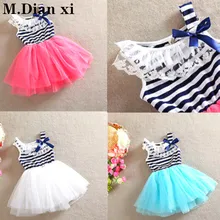 Летняя детская одежда для девочек; топ в полоску с бантом и кружевным воротником; жилет; газовое мохнатое платье; милое маленькое и свежее