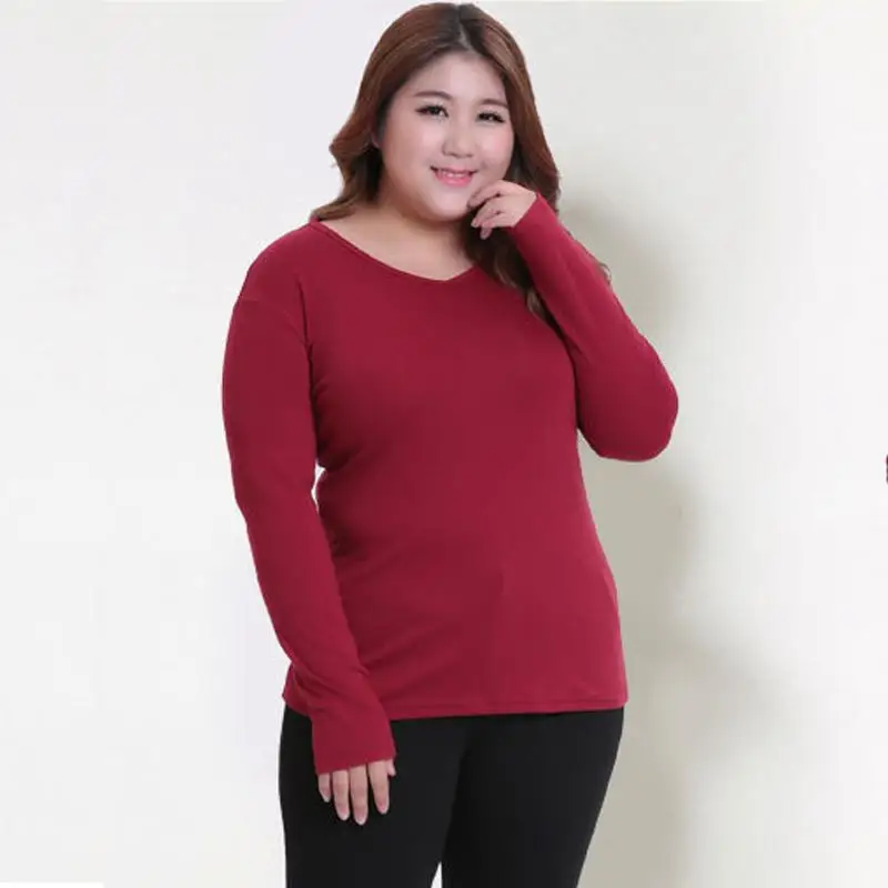 5XL 6XL осенние женские топы больших размеров, зимние рубашки с высоким воротом больших размеров, повседневные тянущиеся теплые облегающие Топы - Цвет: Red V-neck