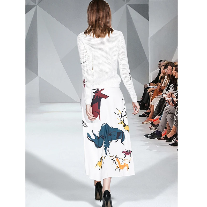 Европейский модный подиумный комплект, женский осенний комплект из 2 предметов, комплект с юбкой, элегантный белый свитер с принтом и костюм с длинный юбкой, комплект из двух предметов