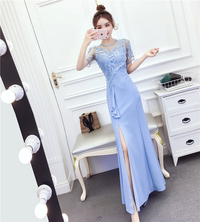 Платье подружки невесты, светильник синего цвета, красное, Vestido Azul Marino, длинное, для гостей, для свадебной вечеринки, для женщин, с вышивкой, с оборками, черное платье для ужина