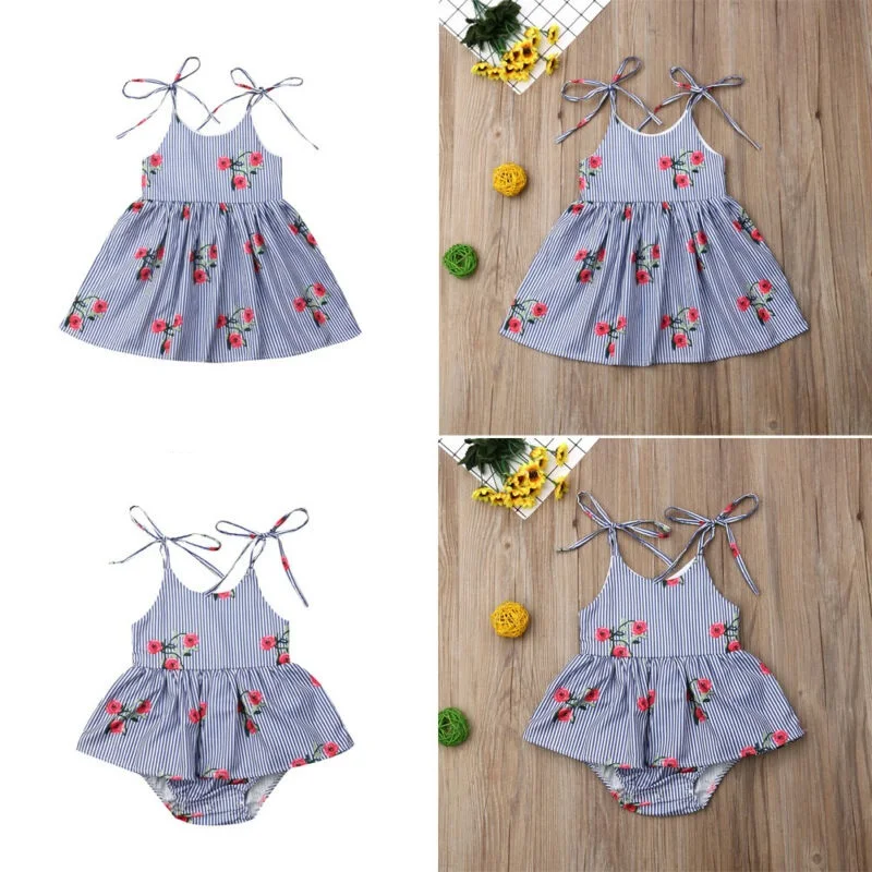 Toddler Kids Baby Girl Clothes Cotton Sleeveless Sling Floral One-Piece Twins Sister Bodysuit Dress Fashion Infant Outfits