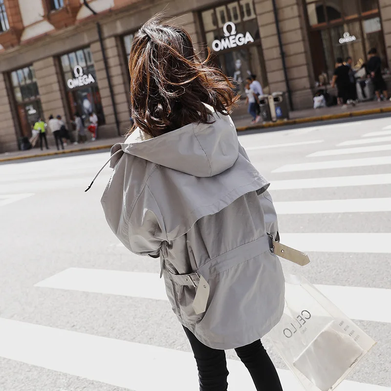 

2019 Spring And Autumn Korean-style Casual Loose-Fit Hooded Cloak Contrast Color Trench Coat Women's Mid-length Harajuku-Style V