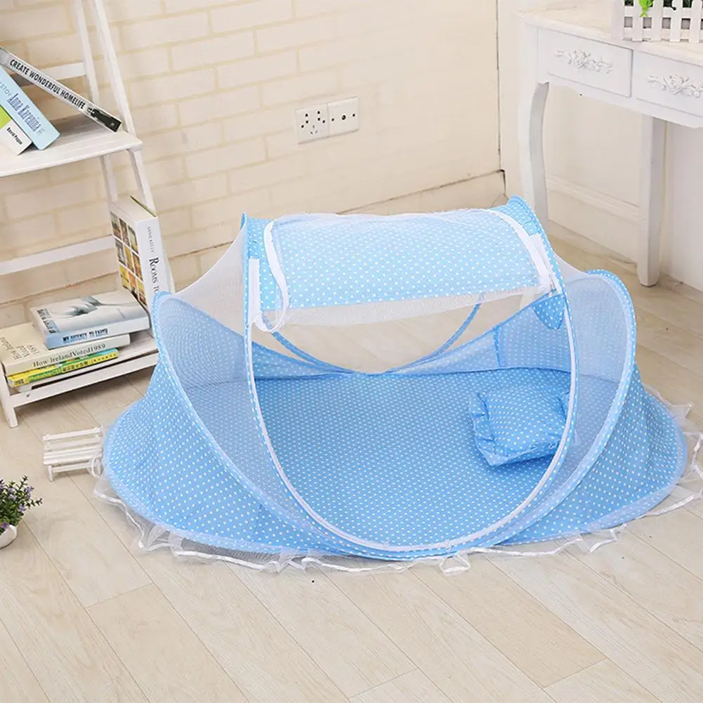 

Baby Folding Bedding Crib Netting Newborn Baby Blue Color Dot Bed Mosquito Net With Soft Mattress Pillow Kit for 0-2T Kids
