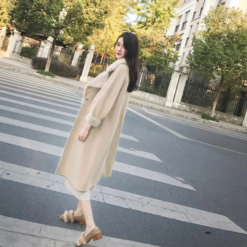 Осенне-зимние пальто женские элегантные розовые пальто корейский стиль женские длинные однобортные пальто - Цвет: Бежевый