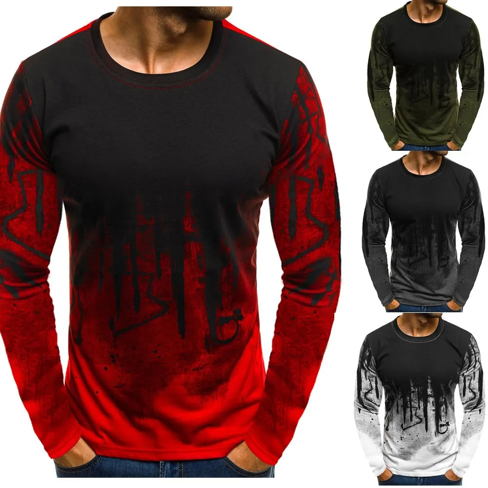 Men tshirt DAF Print Simple Gradient Color Long-Sleeve T-Shirt Chic Slim Round Neck Tops splash-ink Printed TEES Autumn H