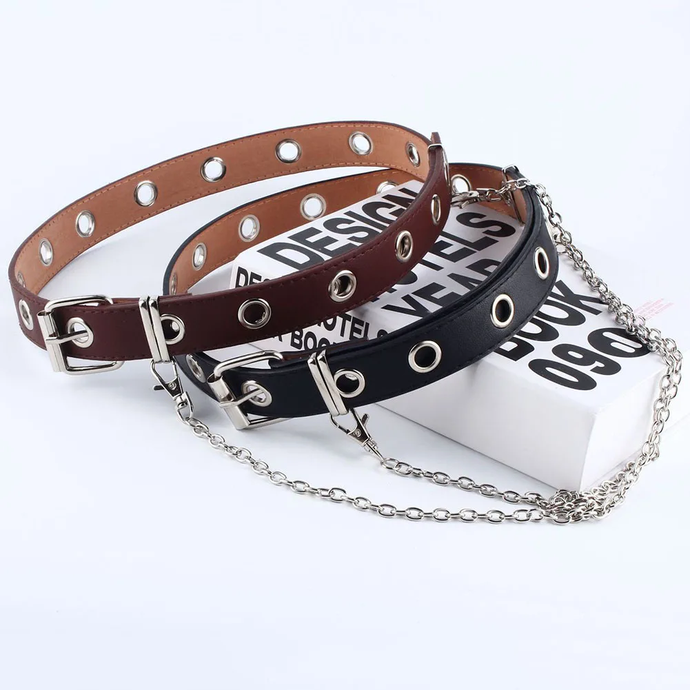 

Double Row Hole Belt for Men Women Punk Style Waistband with Eyelet Chain Decorative Belt for Jeans Pants Trousers 2020 New