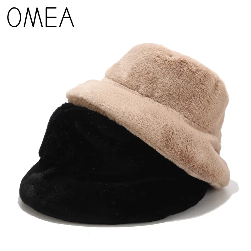 OMEA, шерстяная шапка-ведро для женщин, зимнее теплое искусственное бархатное ведро, шапка из искусственного меха норки, одноцветная, свежая простая шапка-ведро