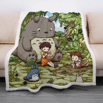 

Cartoon Totoro Funny Character Blanket 3D Print Sherpa Blanket on Bed Home Textiles Dreamlike Style 08