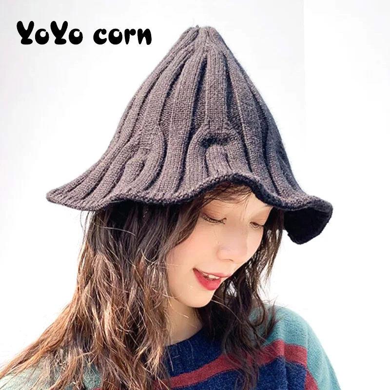 YOYOCORN осенняя и зимняя Рыбацкая шляпа женская шляпа котелок Корейская остроконечная шапка полосатая вязаная теплая шерстяная шляпа Женская японская дикая шапка