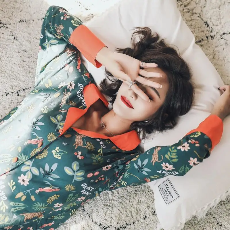 

Spring New Products Comfortable Flower Floral-Print WOMEN'S Pajamas Preshrunk Cotton Silk Color Block Fold-down Collar Women's H